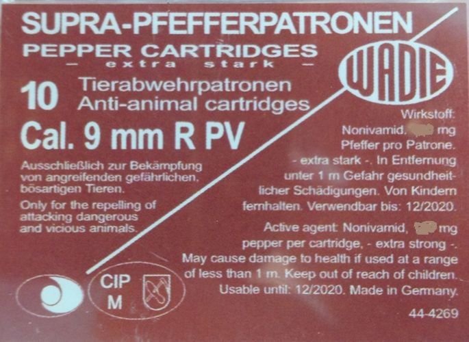 9mm R PV 10 SUPRA Pfefferpatronen, Obranné nábojky do expanzních zbraní, pepř, Wadie